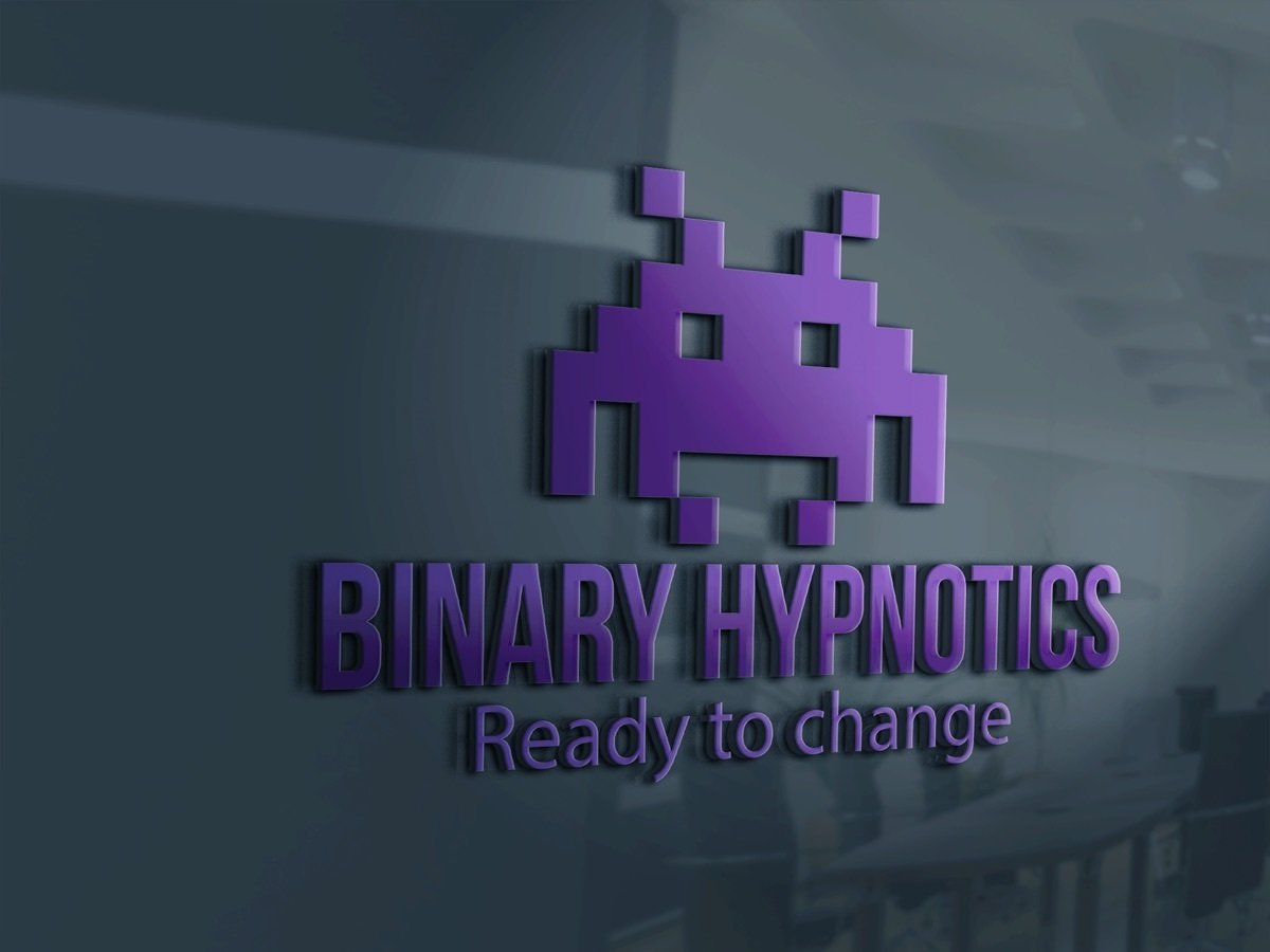Binary Hypnotics logo: a purple space invader with the words Binary Hypnotics, Ready to change